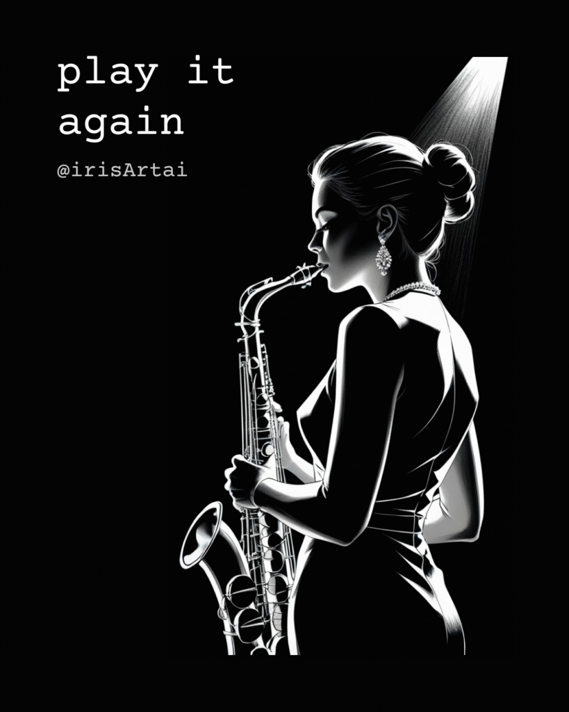Black and white illustration of a woman playing saxophone in dramatic lighting.
