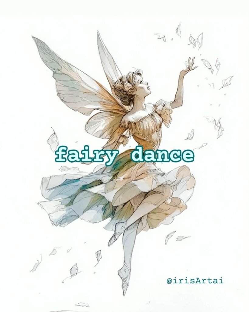 AI-generated watercolor-style illustration of a fairy dancing gracefully in the air, with wings and flowing dress, inspired by a simple MidJourney prompt.