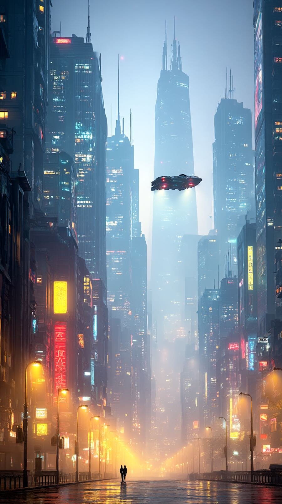 CGI Prompt 'Futuristic cyberpunk cityscape with neon lights, skyscrapers and flying vehicle at night'