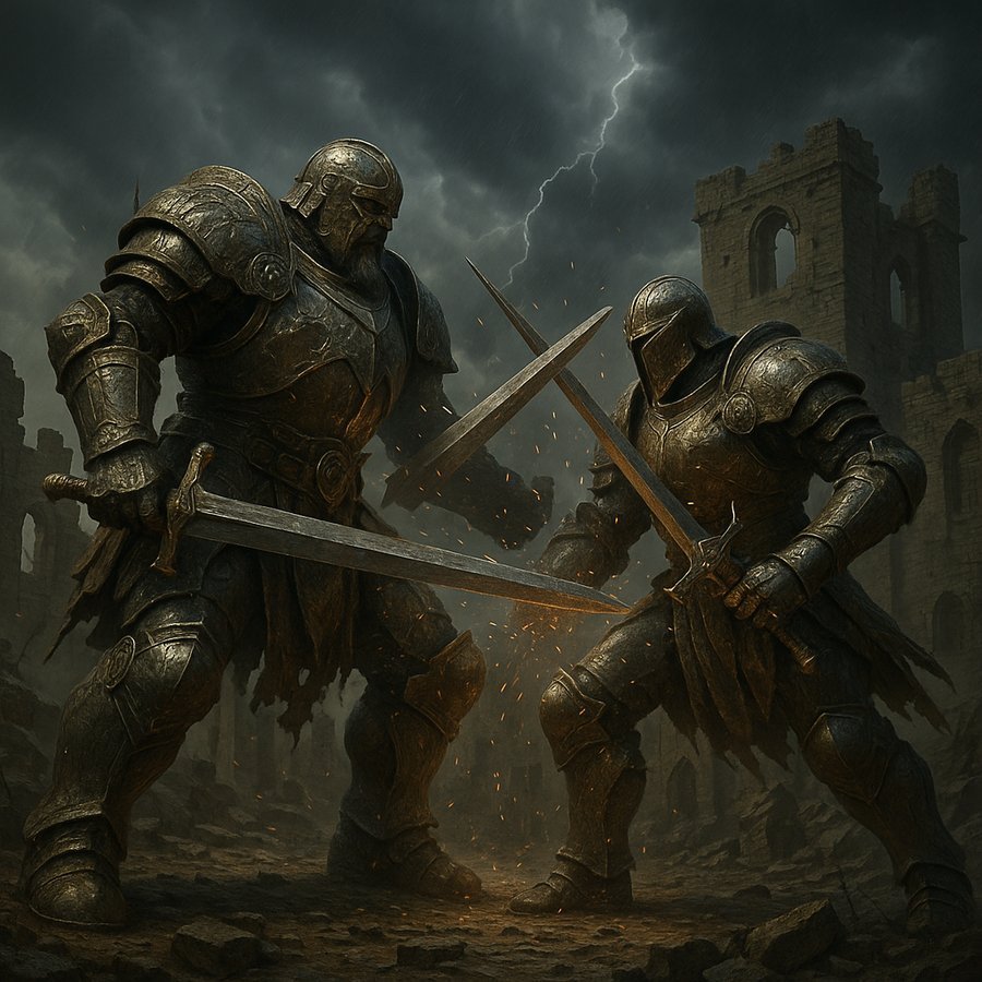CGI fantasy battle between colossal warriors in a ruined medieval castle.