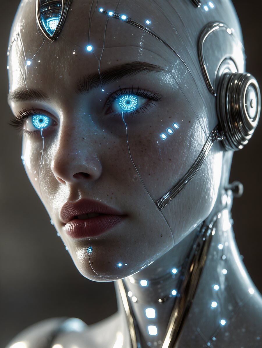 CGI close-up of a futuristic android woman with glowing blue cybernetic eyes and metallic details.