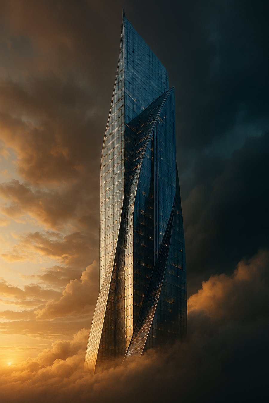 CGI futuristic skyscraper emerging from clouds at golden hour.