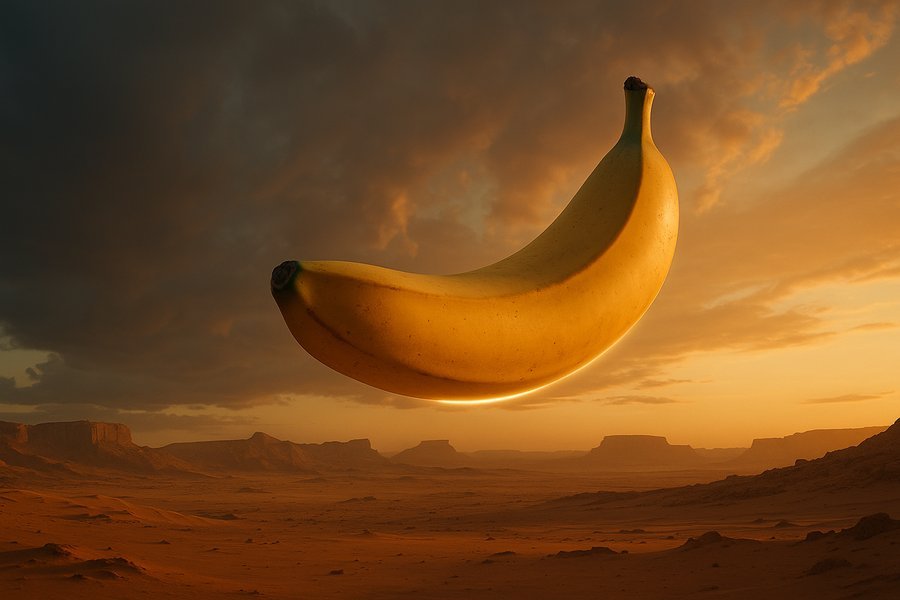 CGI surreal spaceship shaped like a giant banana floating over a desert at sunset.