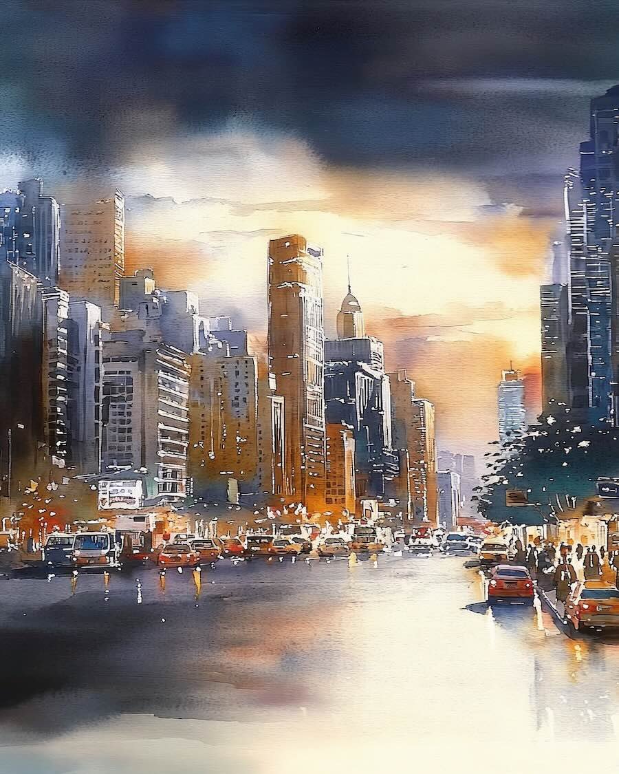 AI Art prompt generator: Vibrant cityscape at sunset