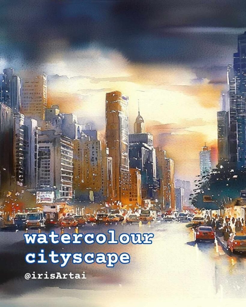 A vibrant AI-generated watercolour painting depicting a bustling city street at golden hour, with a dramatic sunset glow illuminating tall skyscrapers and wet pavement reflecting the warm and cool tones of the sky. Taxis and buses are visible on the street, and faint figures of people walk on the pavements.