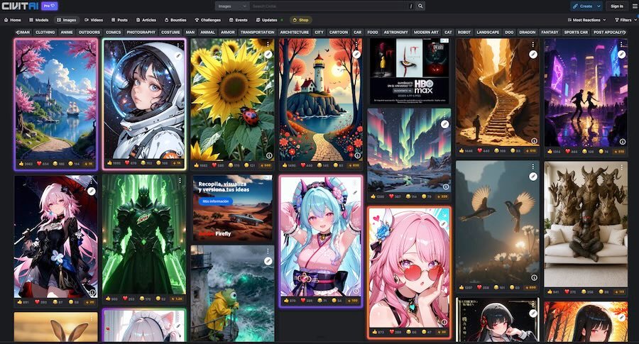 A screenshot of the Civitai AI Art Gallery interface showing a diverse grid of high-quality, user-generated artwork, including fantasy, anime, astronaut portraits, and landscapes. Visible tags include 'Woman,' 'Anime,' 'Costume,' and 'Modern Art.' This image illustrates the platform's technical focus and community-driven content volume.