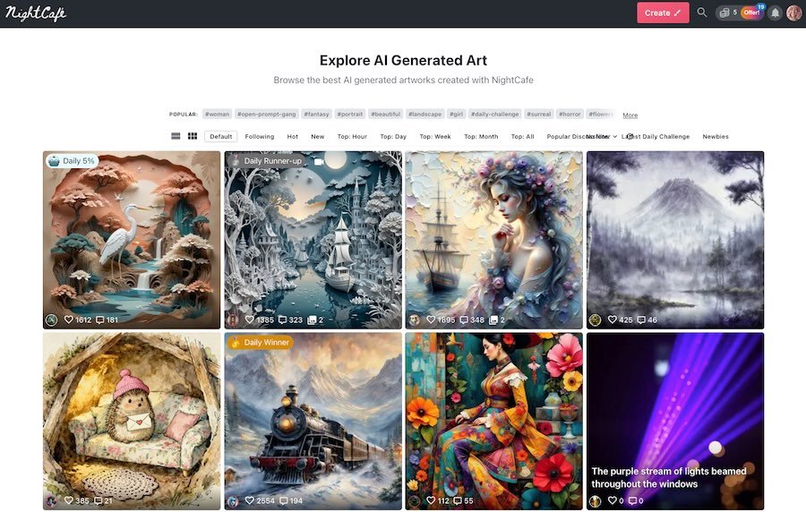 A screenshot of the NightCafe AI Art Gallery homepage showing a grid of diverse, high-quality user-generated artwork, including fantasy, landscapes, and abstract styles. Visible tabs include 'Popular,' 'Top: Hour,' and 'Daily Challenge.' The image illustrates a community-driven AI art platform.