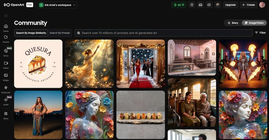 A screenshot of the OpenArt.ai Community page showing a clean, dark-mode interface with a search bar: 'Search over 10 millions of prompts and AI generated art.' The main gallery features diverse, high-quality images, including fashion, holiday scenes, and fantasy, illustrating its professional focus and comprehensive library.
