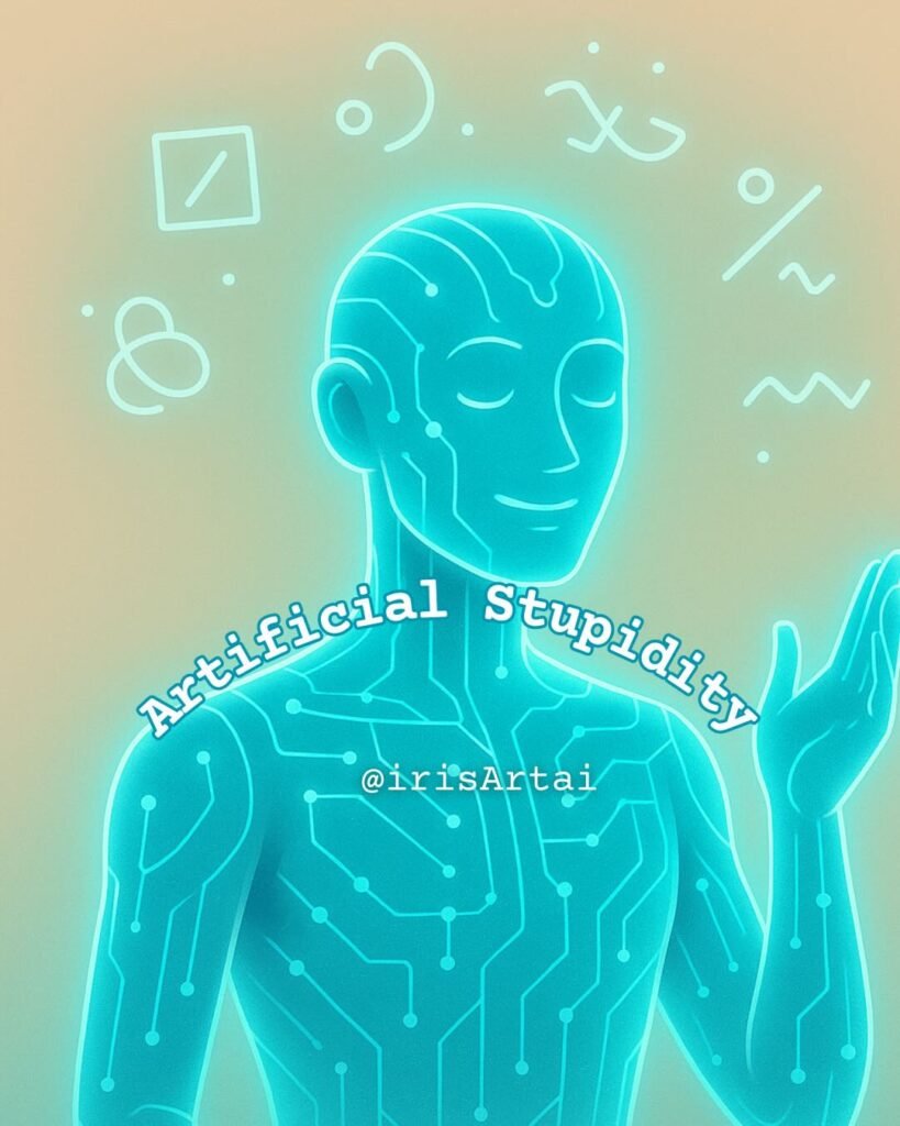 Futuristic AI hologram confidently producing meaningless abstract symbols.